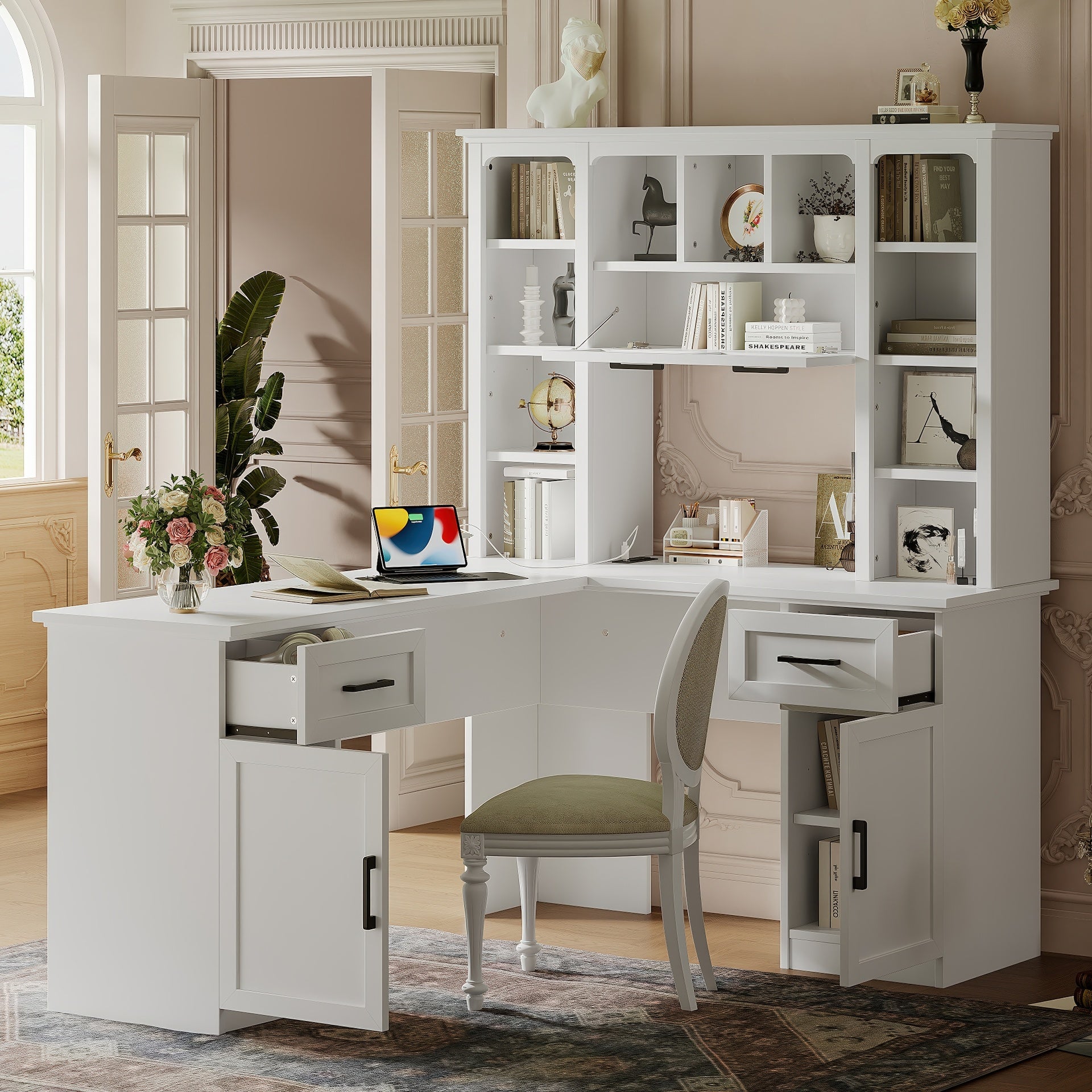 L-Shaped Computer Desk with 2 Cabinets and 2 Drawers, 11 Open Shelves and 1 Right Flip Shelf with Storage, with Power Outlet, for Study, Living Room and Office, White