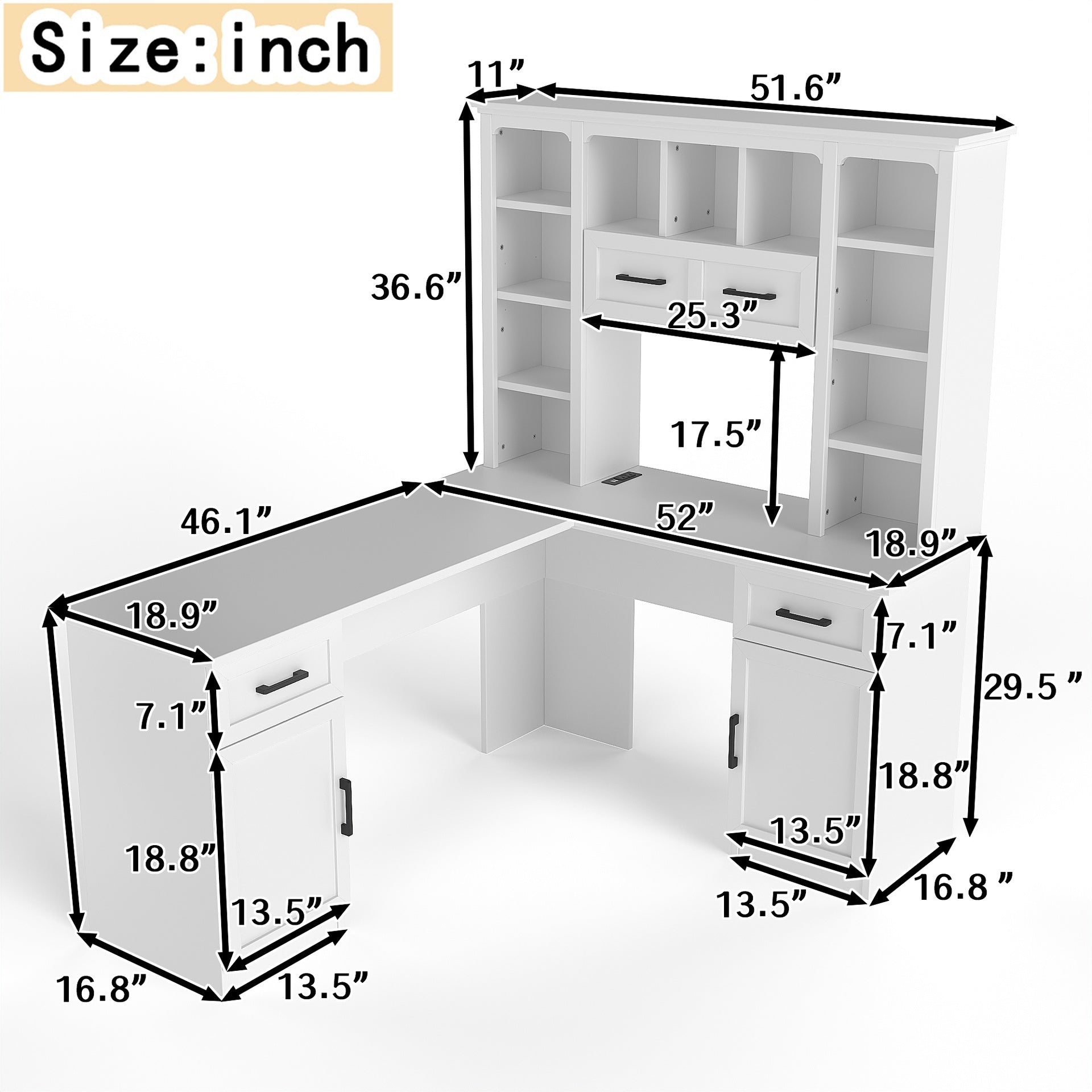 L-Shaped Computer Desk with 2 Cabinets and 2 Drawers, 11 Open Shelves and 1 Right Flip Shelf with Storage, with Power Outlet, for Study, Living Room and Office, White