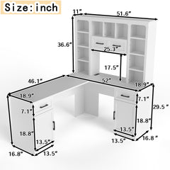 L-Shaped Computer Desk with 2 Cabinets and 2 Drawers, 11 Open Shelves and 1 Right Flip Shelf with Storage, with Power Outlet, for Study, Living Room and Office, White