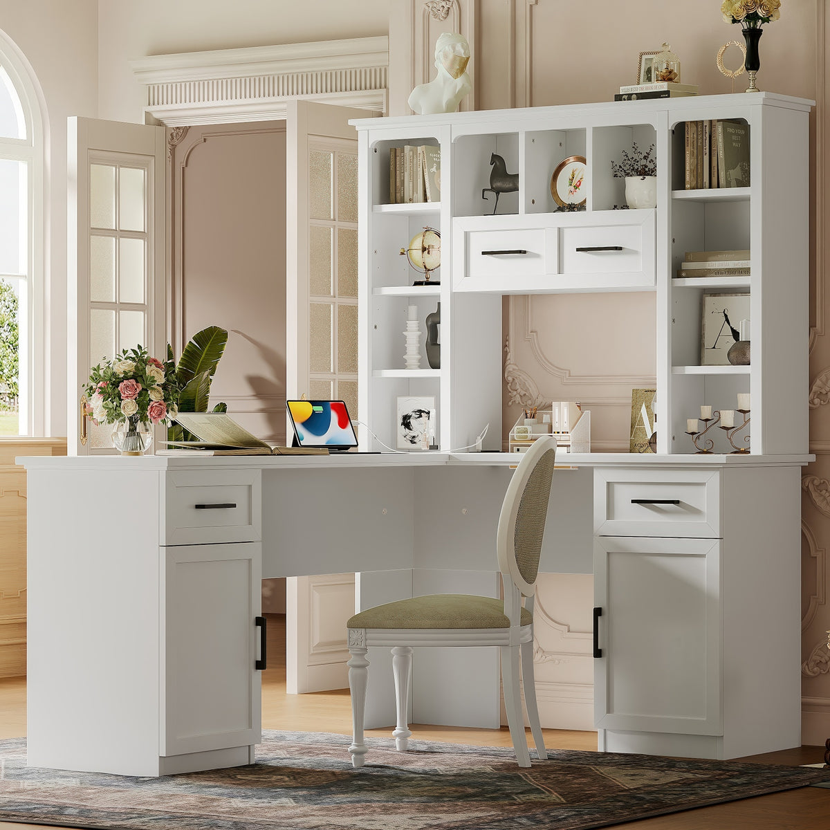 L-Shaped Computer Desk with 2 Cabinets and 2 Drawers, 11 Open Shelves and 1 Right Flip Shelf with Storage, with Power Outlet, for Study, Living Room and Office, White