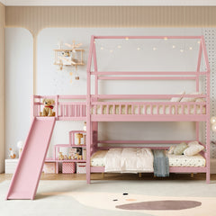 Full House-shaped Bunk bed with Slide,Playhouse Bed with Storage Stairs,Two Placement Methods ,Noise-free Design,Pink