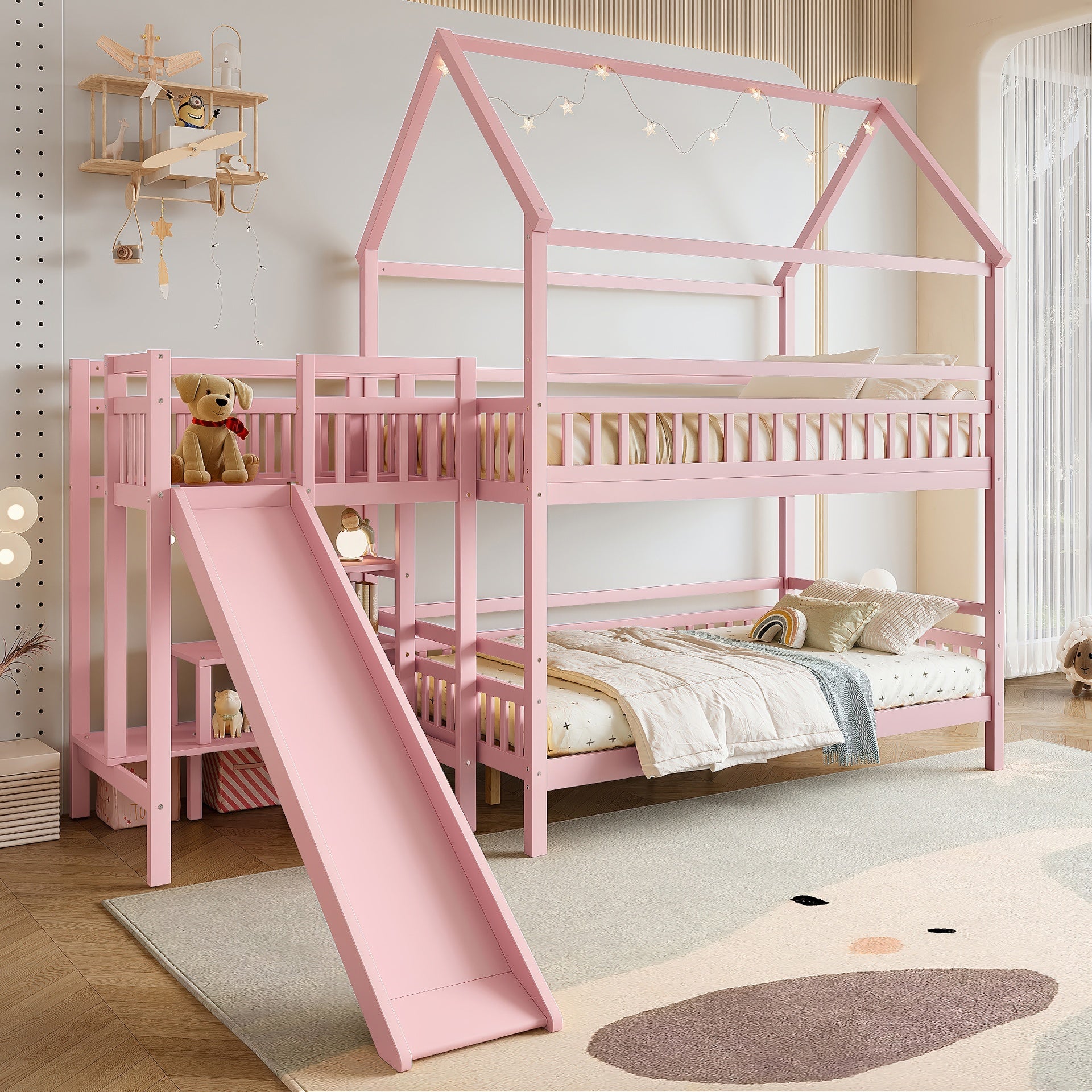 Full House-shaped Bunk bed with Slide,Playhouse Bed with Storage Stairs,Two Placement Methods ,Noise-free Design,Pink