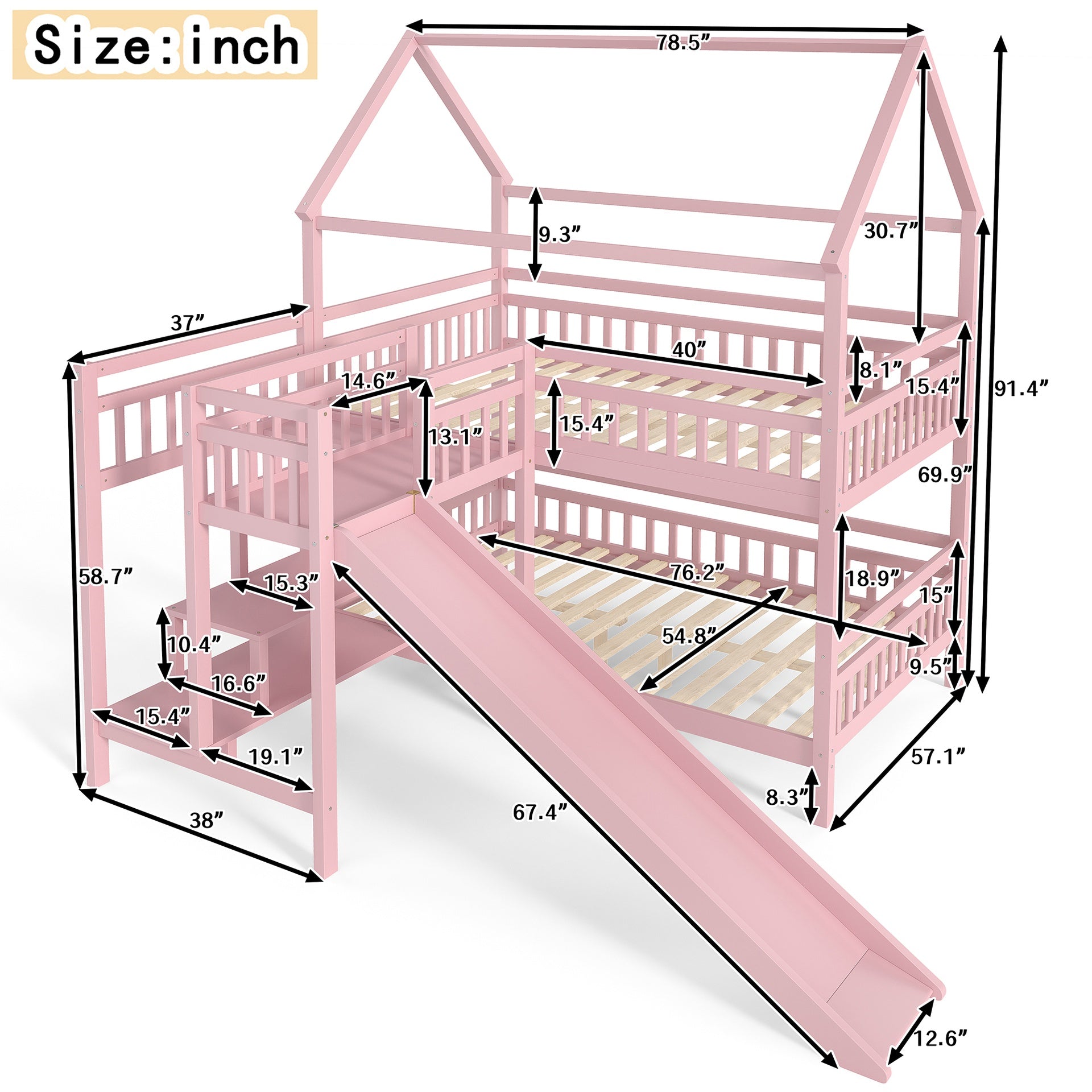 Full House-shaped Bunk bed with Slide,Playhouse Bed with Storage Stairs,Two Placement Methods ,Noise-free Design,Pink
