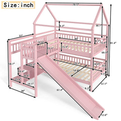 Full House-shaped Bunk bed with Slide,Playhouse Bed with Storage Stairs,Two Placement Methods ,Noise-free Design,Pink