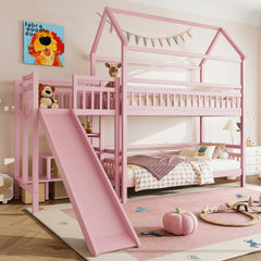 Twin House-shaped Bunk bed with Slide,Playhouse Bed with Storage Stairs,Two Placement Methods ,Noise-free Design, Pink