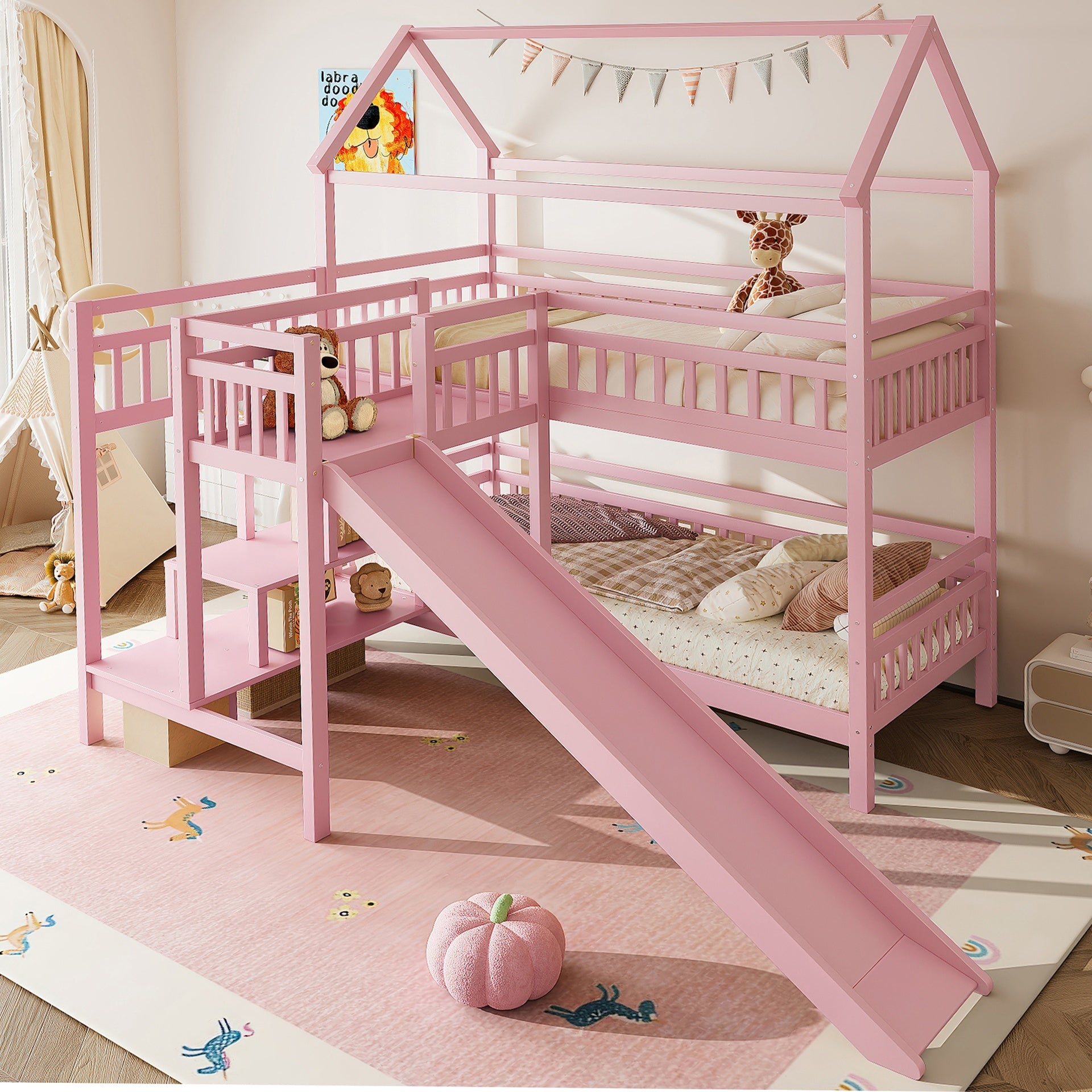 Twin House-shaped Bunk bed with Slide,Playhouse Bed with Storage Stairs,Two Placement Methods ,Noise-free Design, Pink