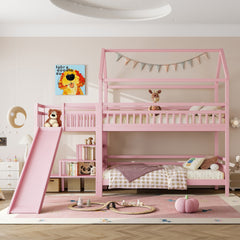 Twin House-shaped Bunk bed with Slide,Playhouse Bed with Storage Stairs,Two Placement Methods ,Noise-free Design, Pink
