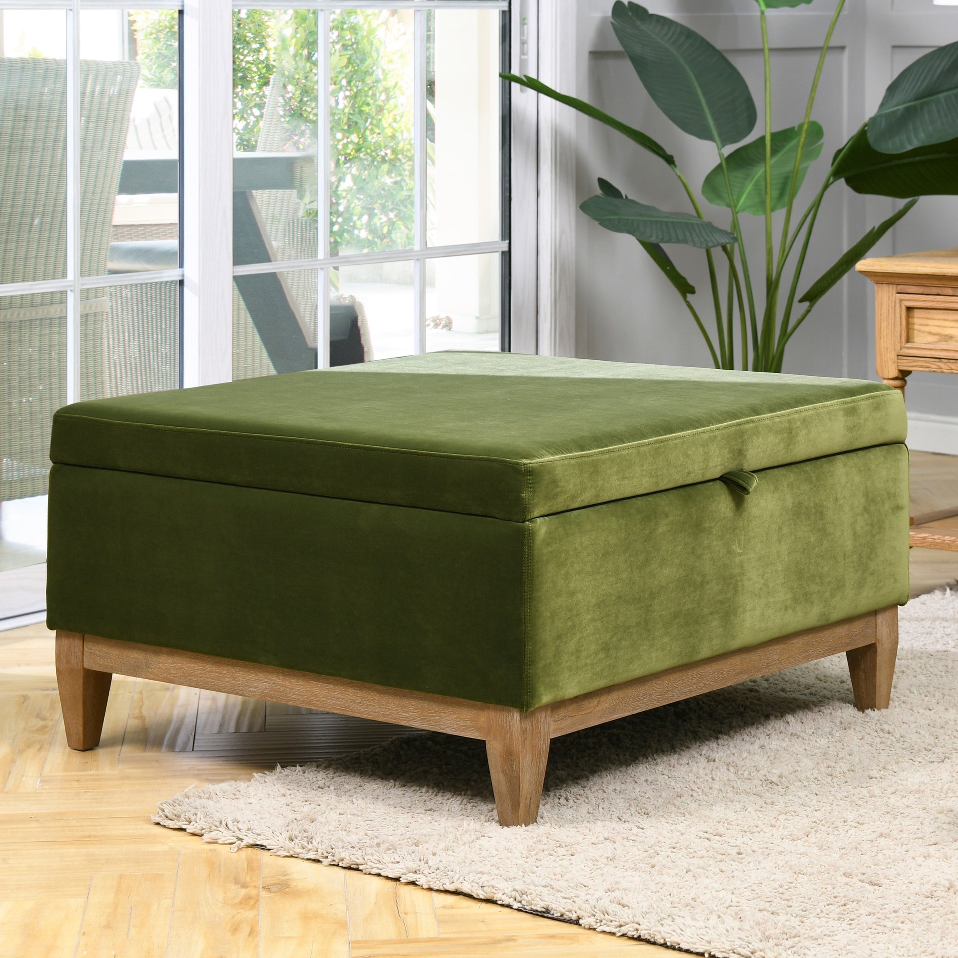 Knox 35" Square Storage Cocktail Ottoman, Olive Green Performance Velvet