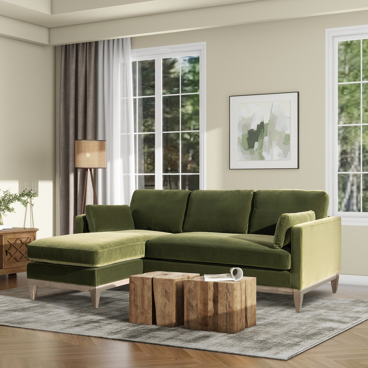 Knox 89" Modern Farmhouse Reversible Chaise Sectional Sofa, French Beige Performance Velvet