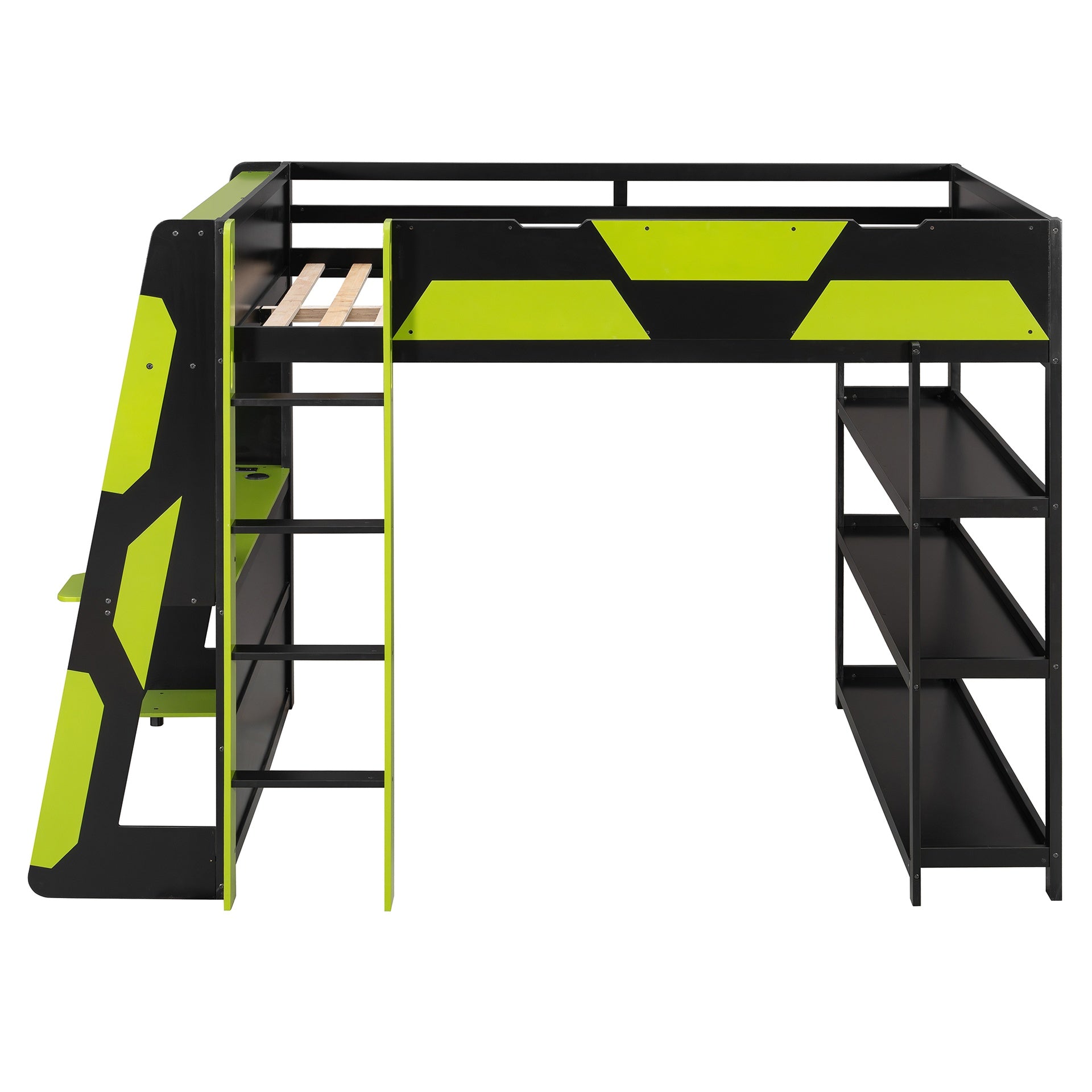 Full Size Gaming Loft Bed with Desk, Shelves & LED Lights, Black+Green