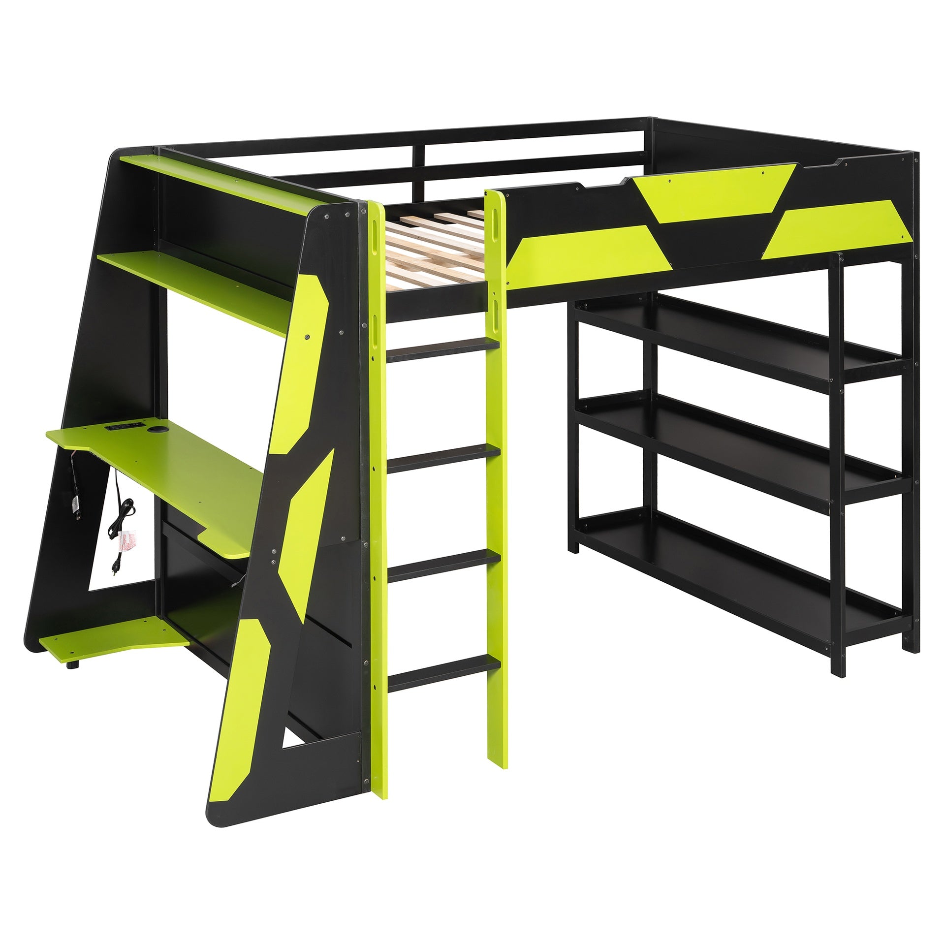 Full Size Gaming Loft Bed with Desk, Shelves & LED Lights, Black+Green