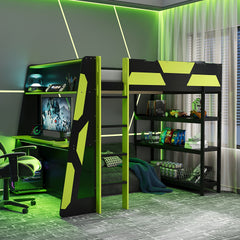 Full Size Gaming Loft Bed with Desk, Shelves & LED Lights, Black+Green