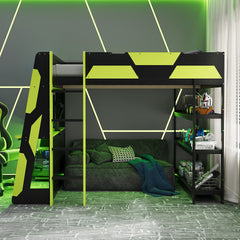 Full Size Gaming Loft Bed with Desk, Shelves & LED Lights, Black+Green