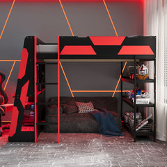 Full Size Gaming Loft Bed with Desk, Shelves & LED Lights, Black+Red