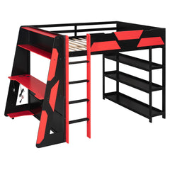 Full Size Gaming Loft Bed with Desk, Shelves & LED Lights, Black+Red
