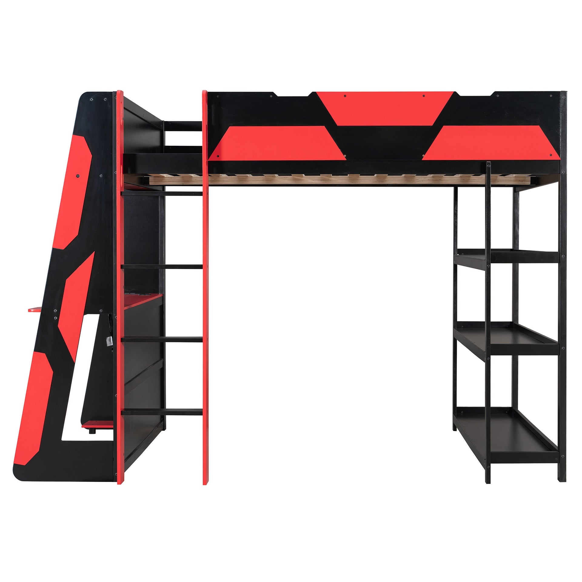 Full Size Gaming Loft Bed with Desk, Shelves & LED Lights, Black+Red