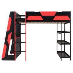 Full Size Gaming Loft Bed with Desk, Shelves & LED Lights, Black+Red