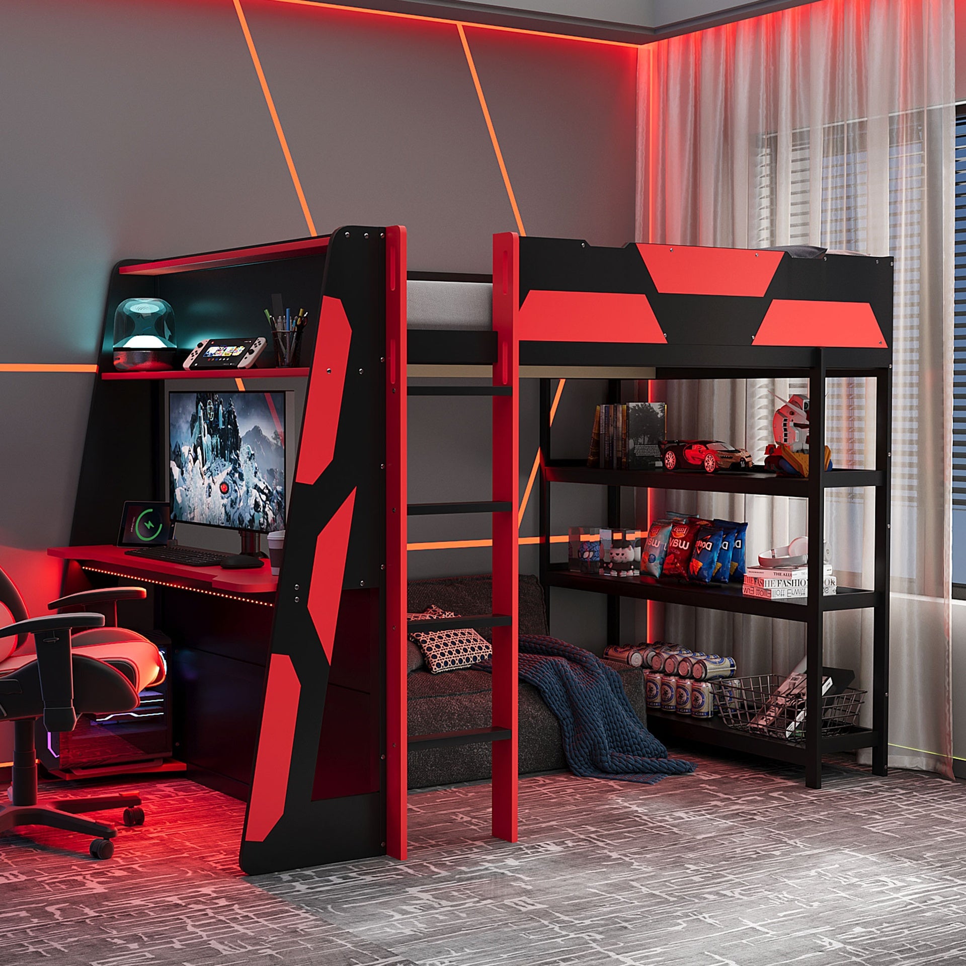 Full Size Gaming Loft Bed with Desk, Shelves & LED Lights, Black+Red