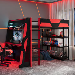 Full Size Gaming Loft Bed with Desk, Shelves & LED Lights, Black+Red