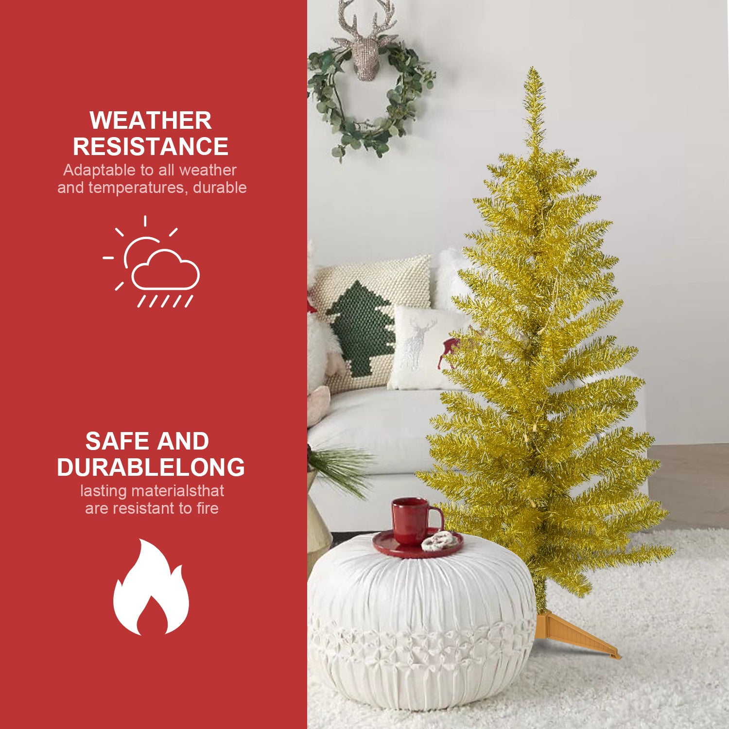 4FT Gold Christmas Tree with 50 UL Lights, 122 PVC Tips – Prelit Artificial Holiday Tree for Indoor Decoration, Small Space, Tabletop, Apartment, or Office
