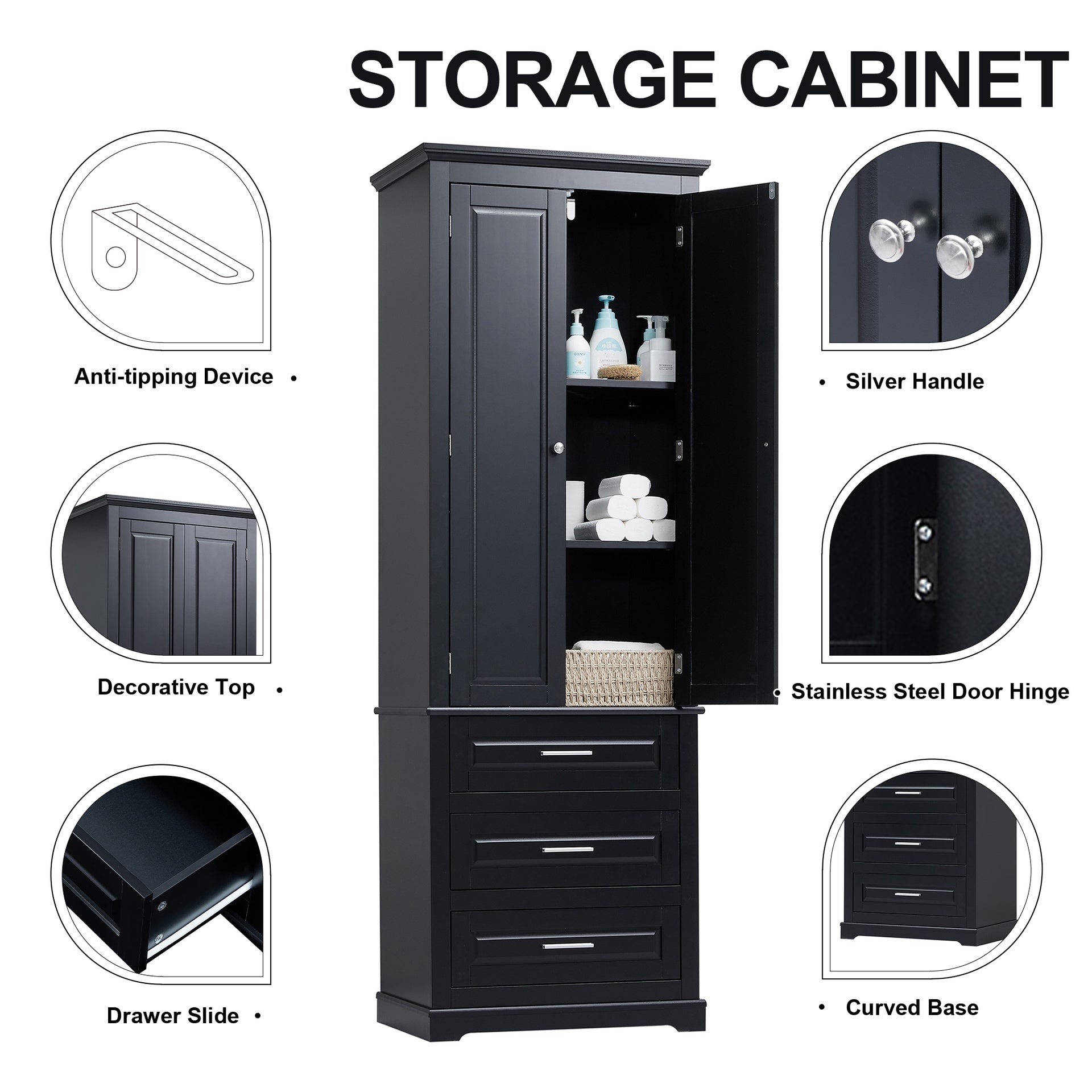 Tall Storage Cabinet with Three Drawers for Bathroom/Office, Black(Old SKU:WF299282AAB)