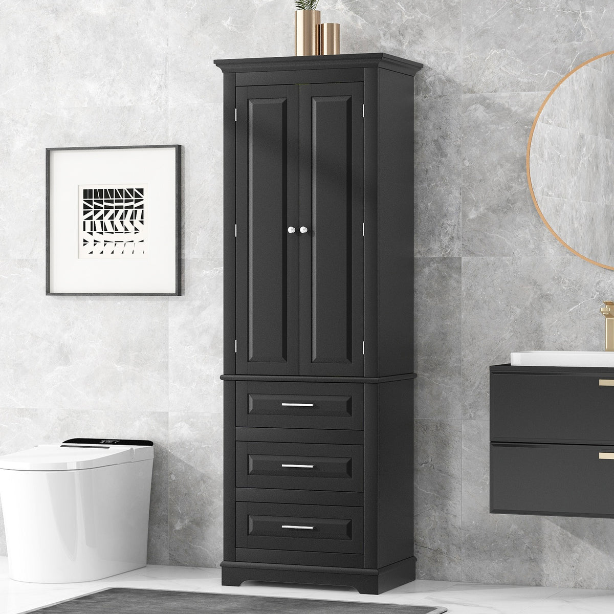Tall Storage Cabinet with Three Drawers for Bathroom/Office, Black(Old SKU:WF299282AAB)