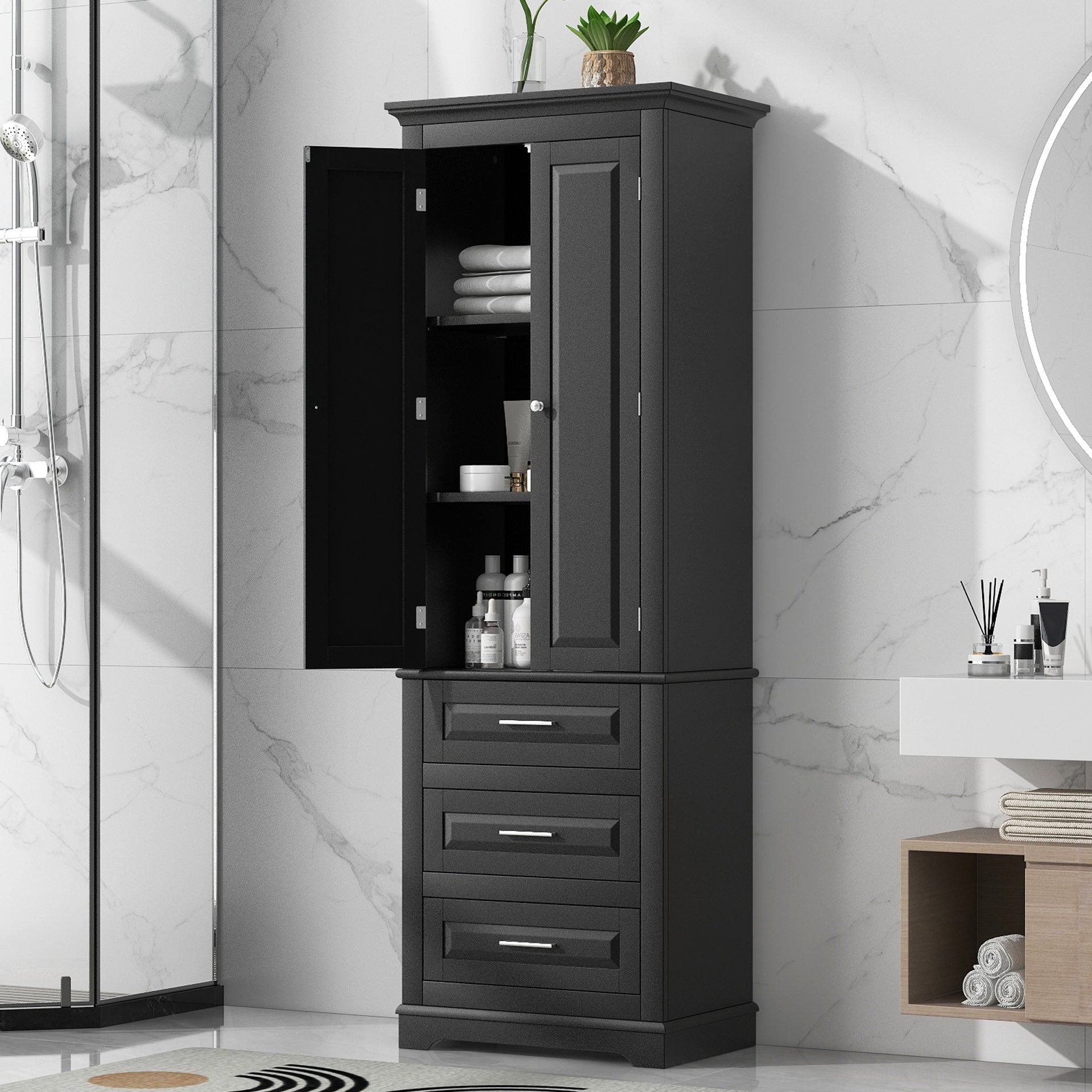 Tall Storage Cabinet with Three Drawers for Bathroom/Office, Black(Old SKU:WF299282AAB)