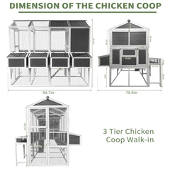 Chicken Coop with Chicken Run, Chicken Coops for 10 Chickens Outdoor with Nesting Boxes , Wooden Walk-in Chicken House with Pull Out Trays , Garden Backyard Cage (95''X80''X83'')