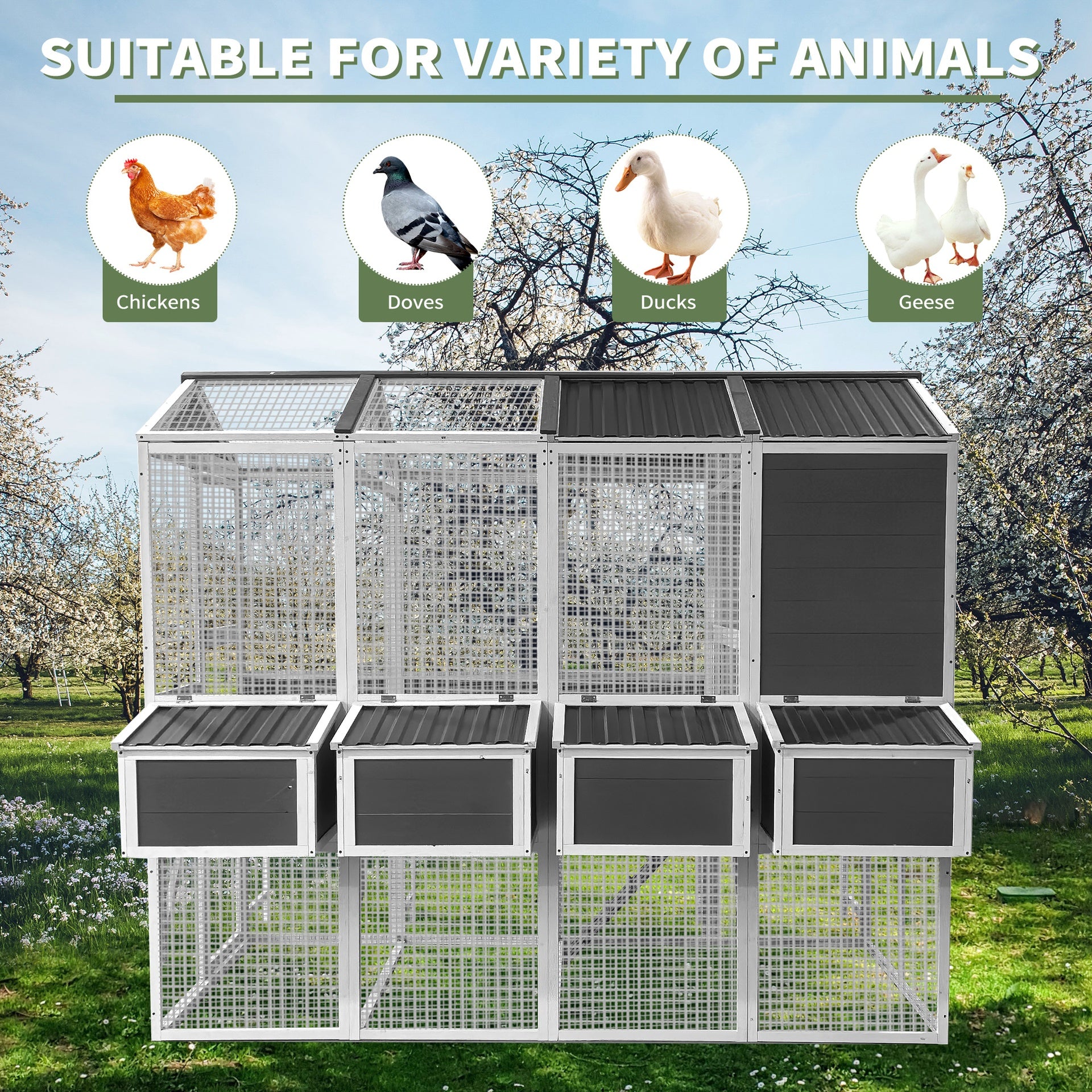 Chicken Coop with Chicken Run, Chicken Coops for 10 Chickens Outdoor with Nesting Boxes , Wooden Walk-in Chicken House with Pull Out Trays , Garden Backyard Cage (95''X80''X83'')