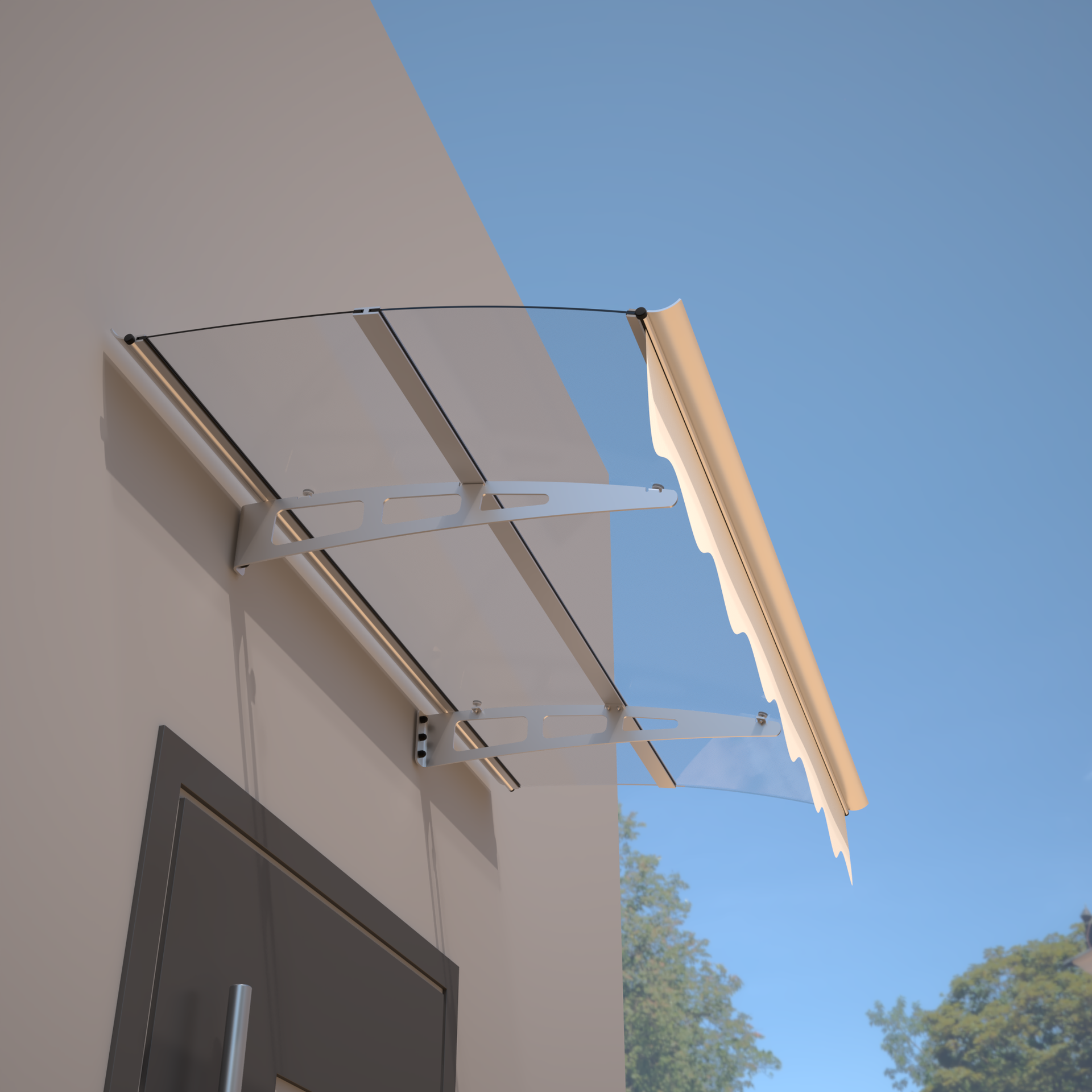 DA5934C Series Door Window Awning Canopy Made of 0.137Inch Thick Crystal Solid Polycarbonate Sheet and Aluminum Alloy with Valance in size of 59" Wide x 34" Deep for Masonry Concrete Wall House only.
