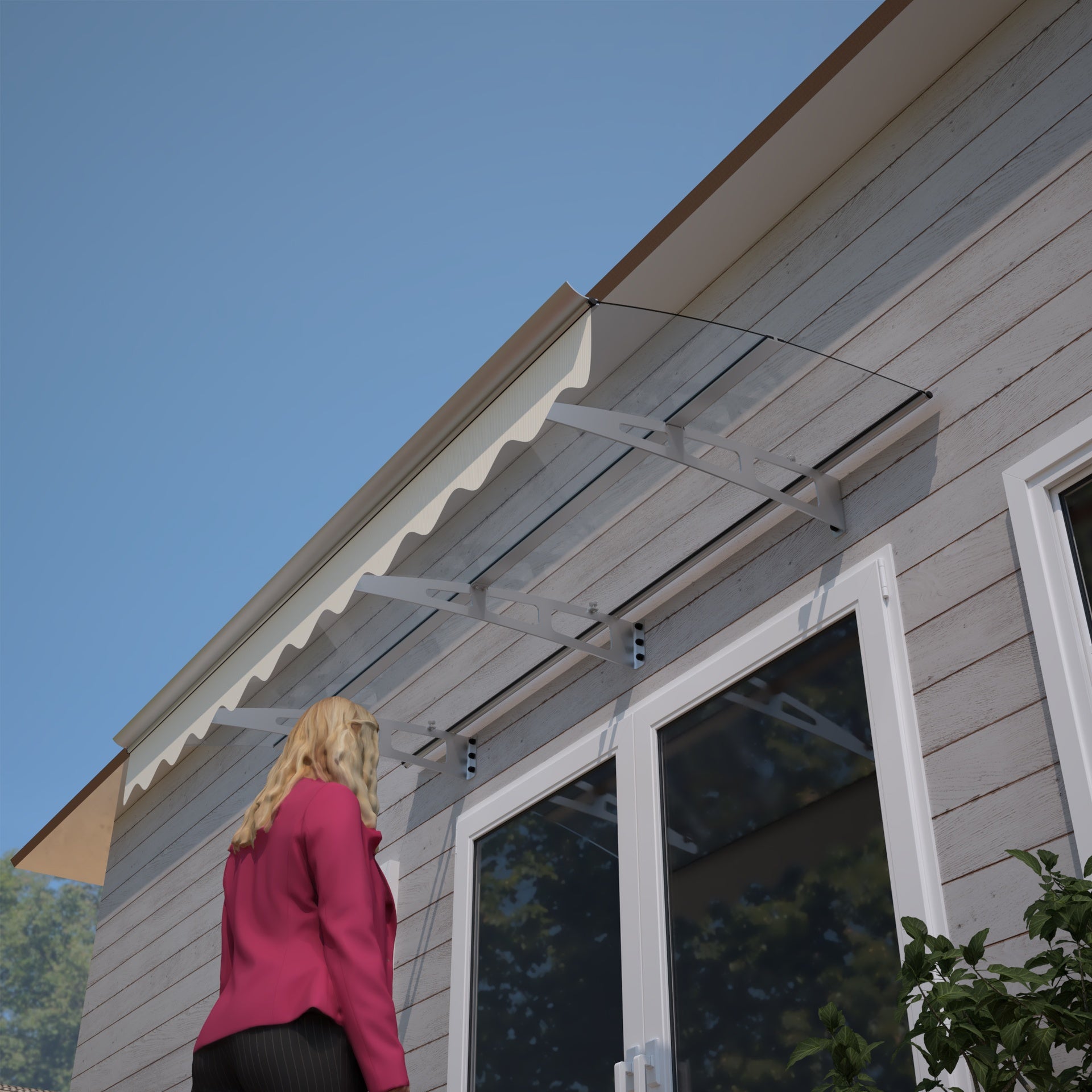 79" x 34" Window Awnings Door Entrance Canopy, Aluminum Alloy Bracket, 0.137 Inch Thick Crystal Solid Polycarbonate Sheet with Valance for Wooden Wall House (DA7934W Clear Transparent Roof)