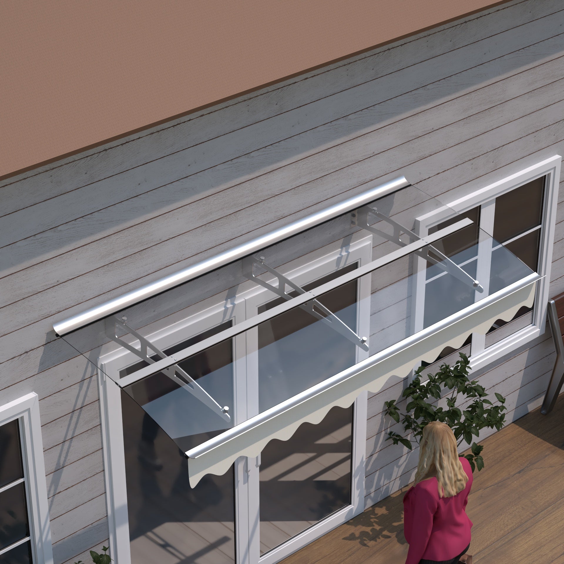79" x 34" Window Awnings Door Entrance Canopy, Aluminum Alloy Bracket, 0.137 Inch Thick Crystal Solid Polycarbonate Sheet with Valance for Wooden Wall House (DA7934W Clear Transparent Roof)