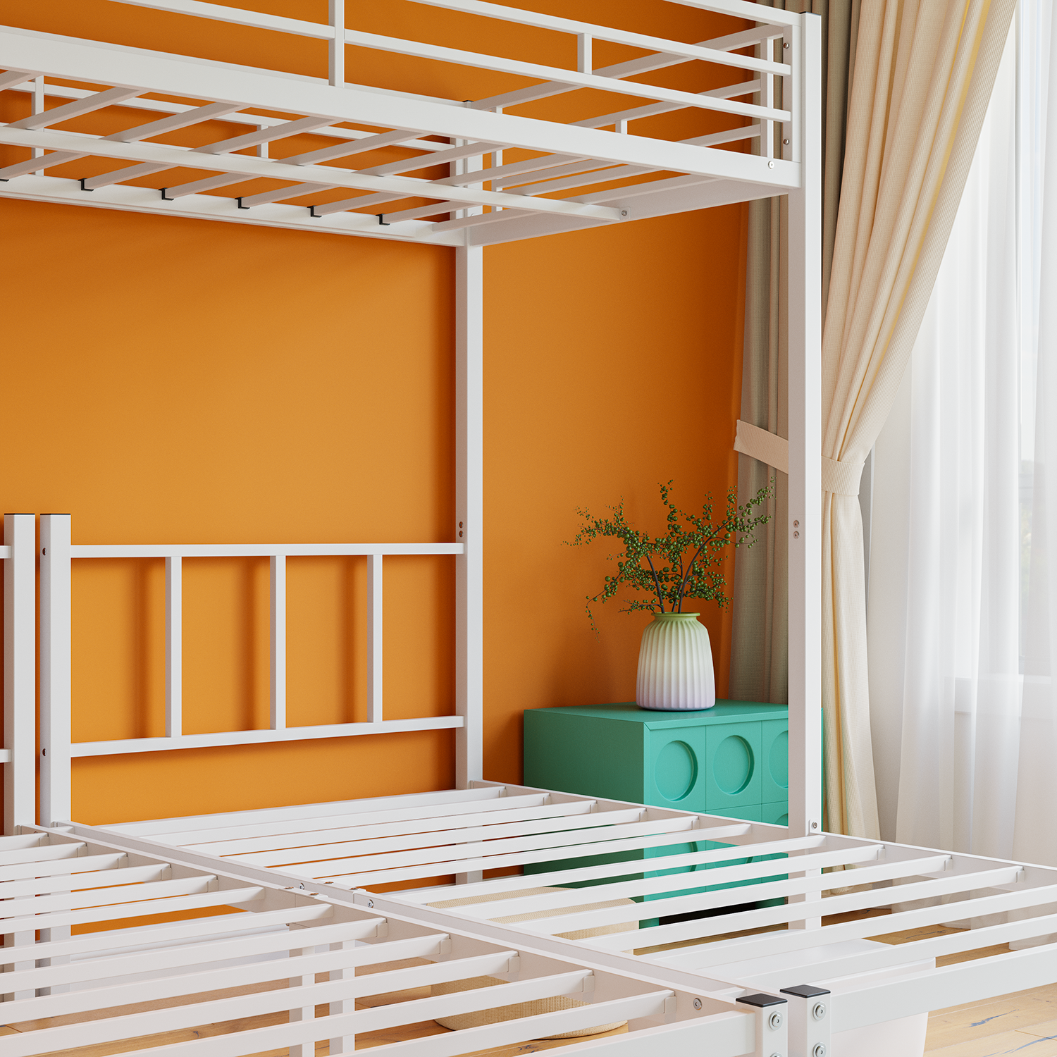Twin Over Twin Over Twin Bunk Bed, Metal Triple Twin Bed with Safety Guardrails and Ladder, Convertible 3 Beds, for Dorm,Guest Room, No Boxing Spring Needed, White