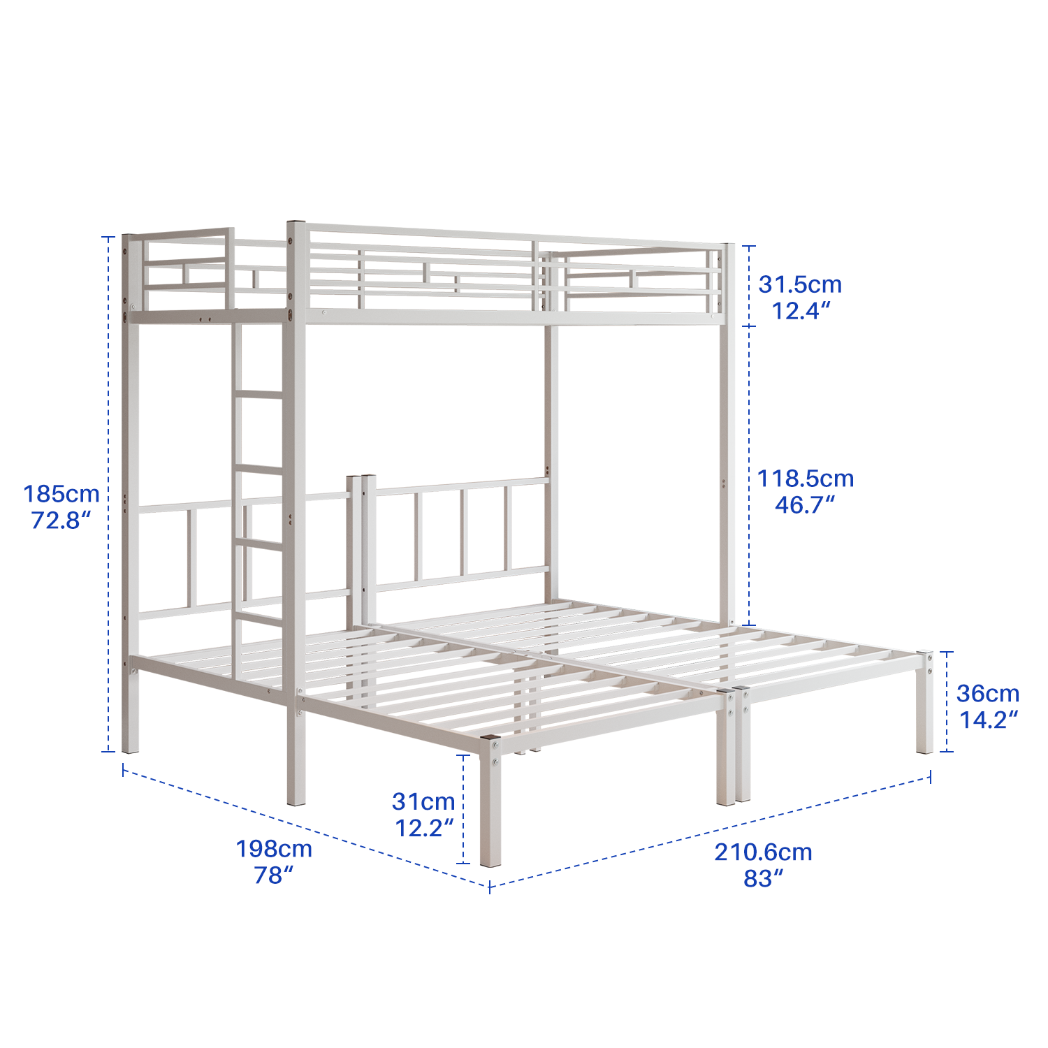 Twin Over Twin Over Twin Bunk Bed, Metal Triple Twin Bed with Safety Guardrails and Ladder, Convertible 3 Beds, for Dorm,Guest Room, No Boxing Spring Needed, White