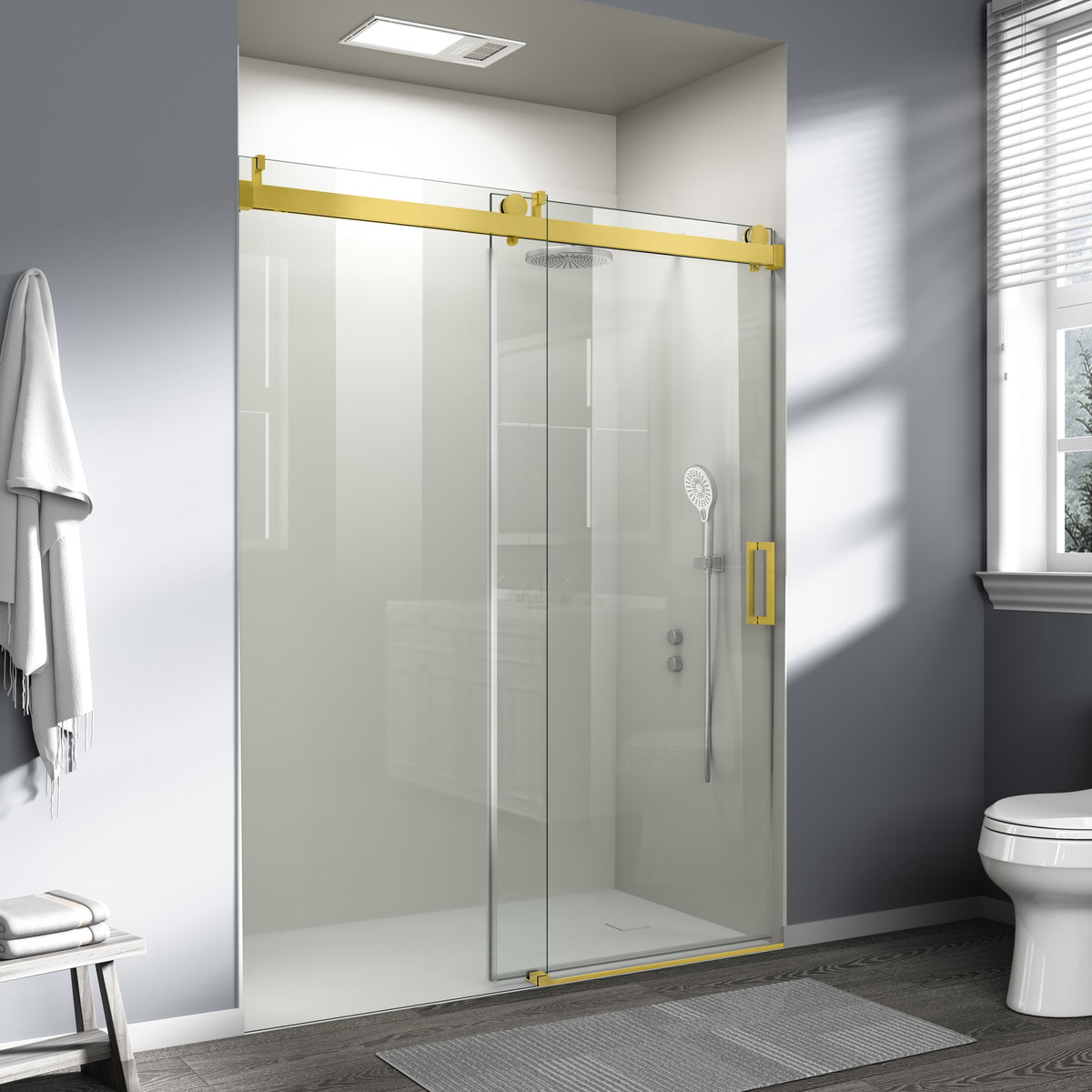 56" - 60" W x 76" H Frameless Soft-closing Single Sliding Shower Door, 1/4" (6mm) Tempered Glass with Explosion-proof Film via Express Delivery, Gold CM-24D01-60GX
