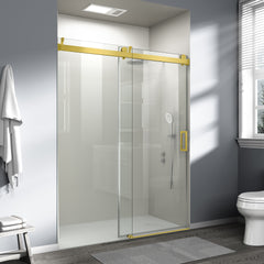 56" - 60" W x 76" H Frameless Soft-closing Single Sliding Shower Door, 1/4" (6mm) Tempered Glass with Explosion-proof Film via Express Delivery, Gold CM-24D01-60GX