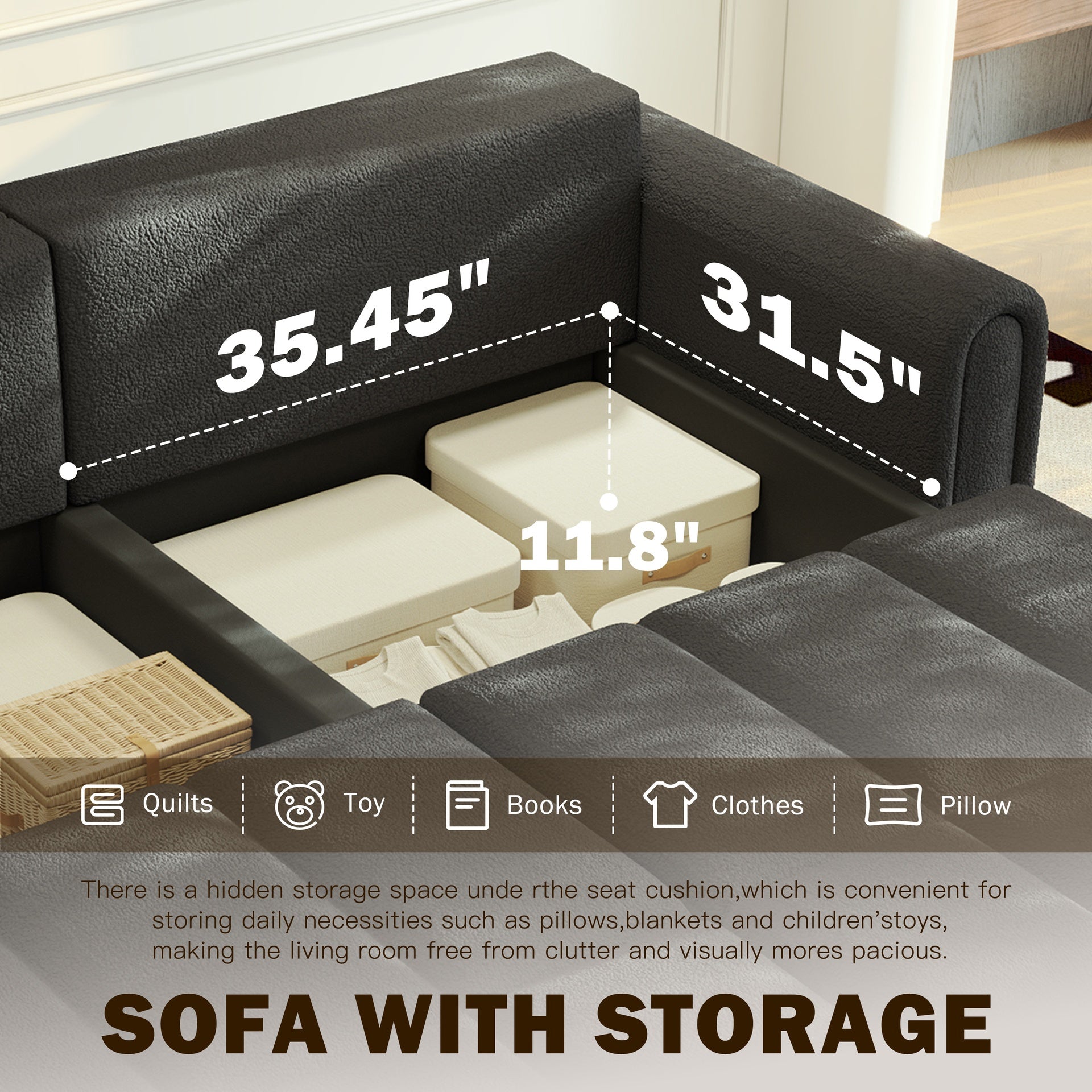 90.2" Comfy 4-Seater Modern Teddy Fabric Couch with Seats Storage, King Size 3-in-1 Convertible Sleeper Sofa Bed for Living Room,Office,Apartment,Black(Old SKU:W1885S00251)