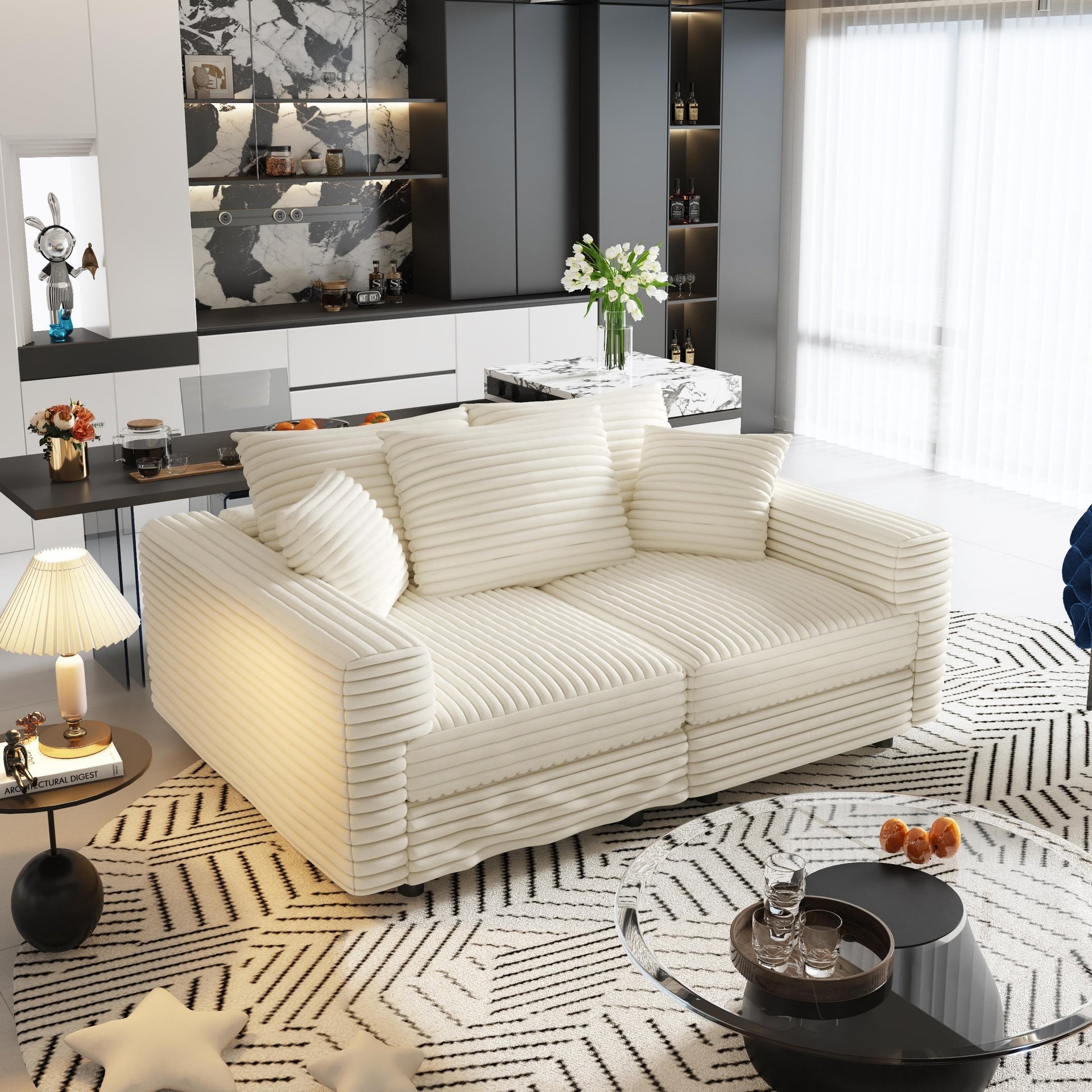 82.7 "Plush Corduroy 3-Seat Sofa,Modern Comfy Upholstered Sofa Cloud Couch,Deep Seat Couches with Soft Pillows and 2 Ottomans,Convertible Sofa Lounge Chair,for Living Room,Apartment,Office,Beige/White