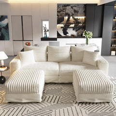 82.7 "Plush Corduroy 3-Seat Sofa,Modern Comfy Upholstered Sofa Cloud Couch,Deep Seat Couches with Soft Pillows and 2 Ottomans,Convertible Sofa Lounge Chair,for Living Room,Apartment,Office,Beige/White