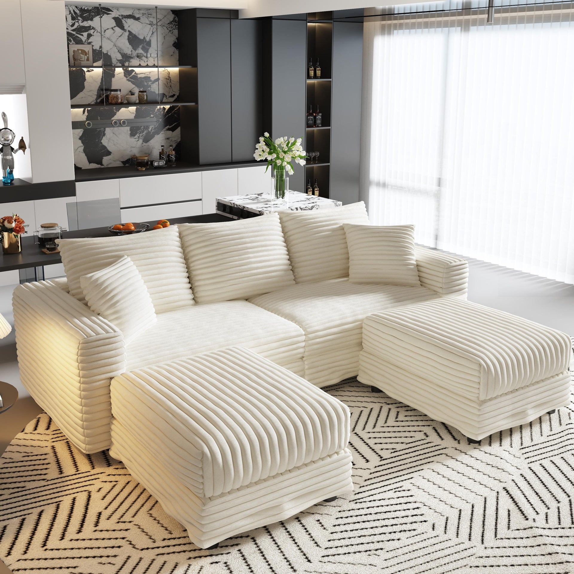 82.7 "Plush Corduroy 3-Seat Sofa,Modern Comfy Upholstered Sofa Cloud Couch,Deep Seat Couches with Soft Pillows and 2 Ottomans,Convertible Sofa Lounge Chair,for Living Room,Apartment,Office,Beige/White