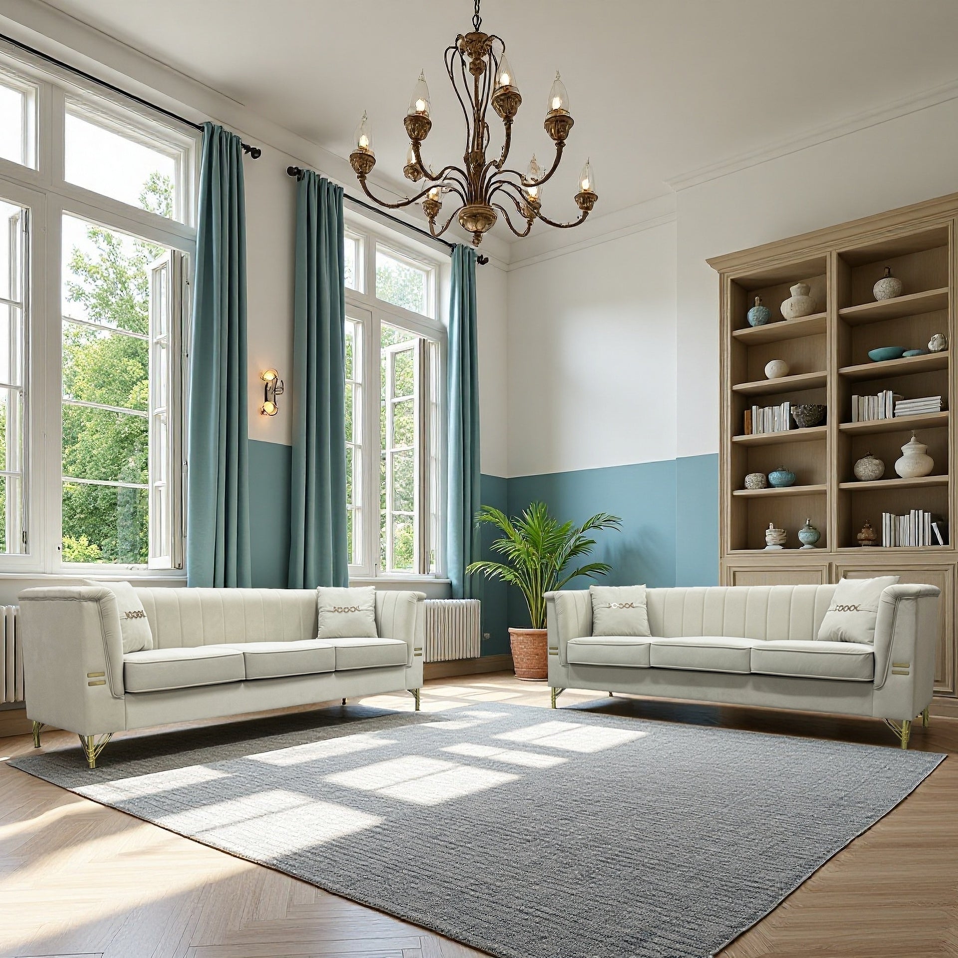 FX-P82-2PC SOFA -BE3  Modern Velvet Upholstered Sofa Set of 2, Beige 3-Seater Sofas with Gold Metal Legs Contemporary Living Room Furniture for Family Homes, Apartments, and Lounge Spaces