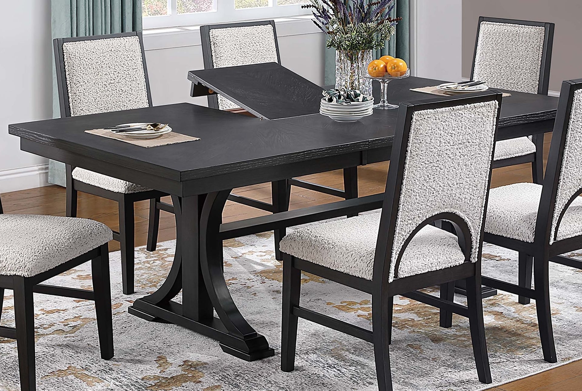 1pc Rectangle Table w Leaf Trestle Base Classic Look Charcoal Color Wooden Dining Room Table Only