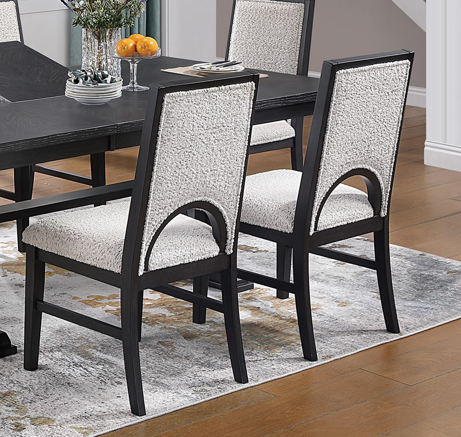 Traditional Look Dining Table And 6x Side Chairs White Finish Fabric Table w Trestle Base Cutout Back Chair 7pc Dining Set