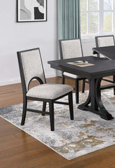 Traditional Look Dining Table And 6x Side Chairs White Finish Fabric Table w Trestle Base Cutout Back Chair 7pc Dining Set