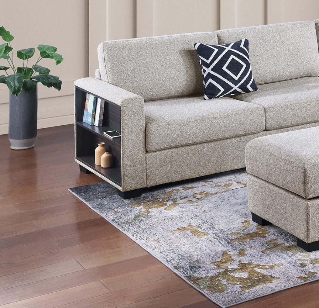 3-Piece Reversible Sectional w Storage Ottoman Functional Storage Sofa w Shelf Reversible Chaise Beige Color Living Room Furniture