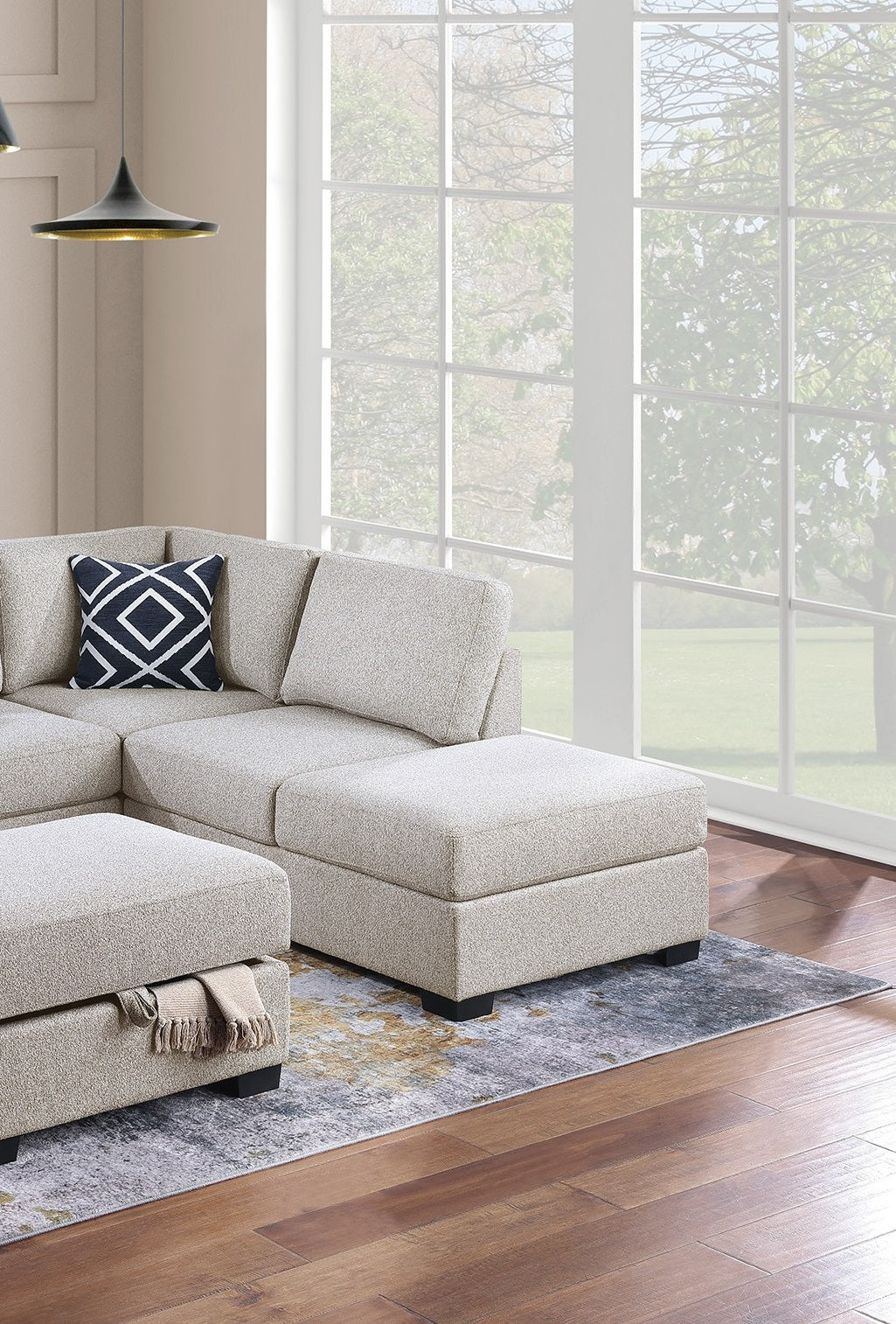 3-Piece Reversible Sectional w Storage Ottoman Functional Storage Sofa w Shelf Reversible Chaise Beige Color Living Room Furniture