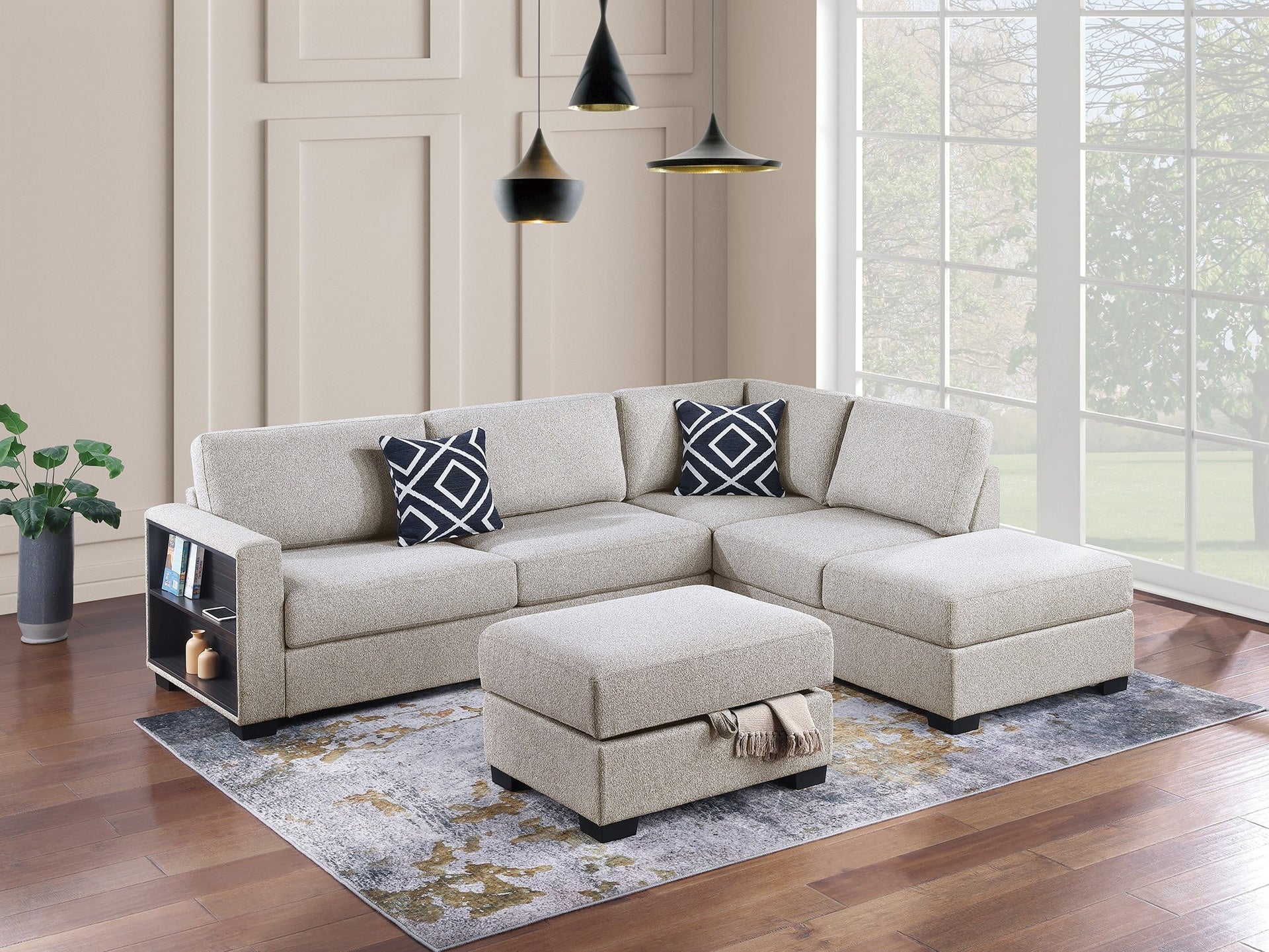 3-Piece Reversible Sectional w Storage Ottoman Functional Storage Sofa w Shelf Reversible Chaise Beige Color Living Room Furniture