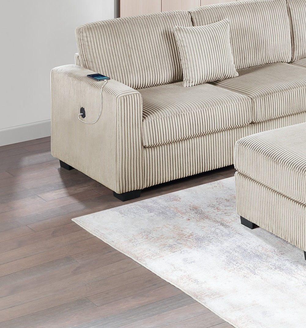 Living Room Corduroy Upholstered Camel 4pc Sectional Set RAF/LAF One-Arm Loveseat W/USB, Corner Wedge, Cocktail Ottoman Cushion Couch