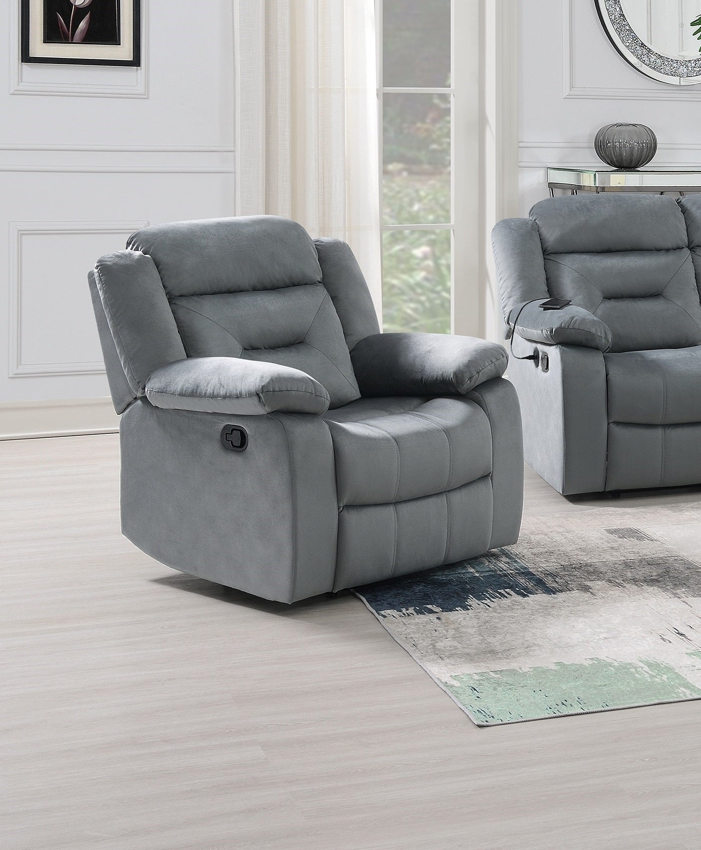 2pc Living Room Set 1x Sofa 1x Recliner Pillow Armrest Supportive Headrest Vertical Tufting Dark Gray Finish Contemporary Primary Living Room Furniture
