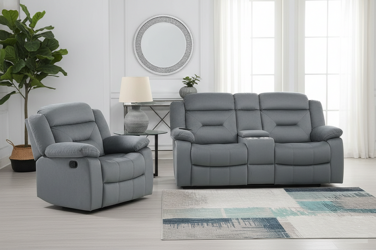 2pc Living Room Set 1x Loveseat 1x Recliner Pillow Armrest Supportive Headrest Vertical Tufting Dark Gray Finish Contemporary Primary Living Room Furniture